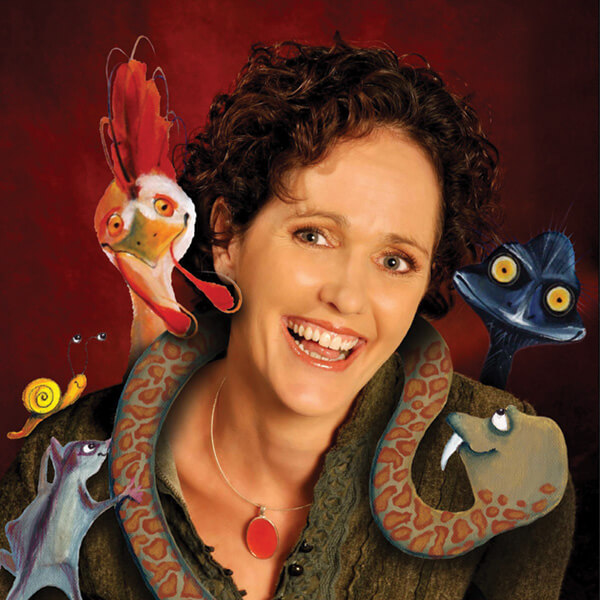 A profile photo of Aussie artist Michelle Pike surrounded by illustrations of her characters